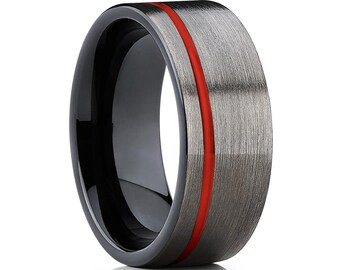 May include: A black and gray tungsten carbide ring with a red stripe around the band.