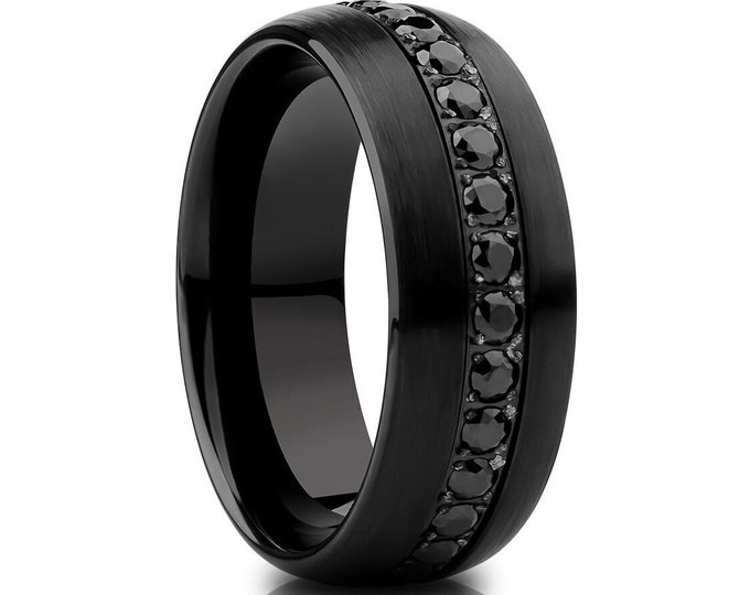 Featured listing image: Black Tungsten Wedding Ring,8mm Wedding Ring,CZ Wedding Ring,Tungsten Carbide Ring,Engagement Ring,Anniversary Ring,Dome Wedding Ring,Brush