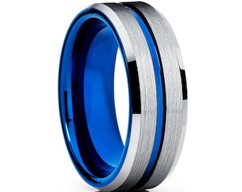 Silver Tungsten Wedding Ring,Blue Tungsten Wedding Band,Unique Tungsten Ring,Men & Women,Tungsten Carbide Ring,Engagement Ring,Comfort Fit