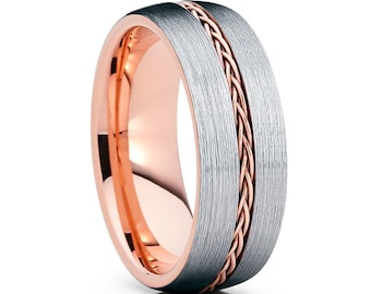 Rose Gold Tungsten Wedding Ring,Braid Tungsten Ring,Rose Gold Wedding Ring,Anniversary Ring,Tungsten Carbide Ring,Unique Wedding Ring,Brush