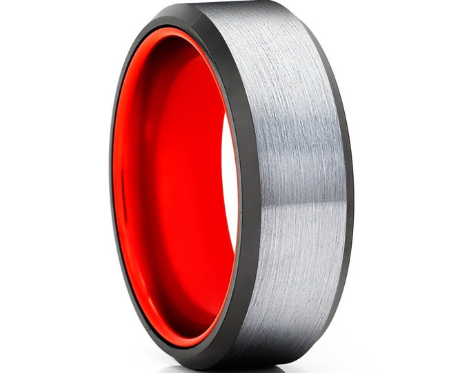 Featured listing image: Red Wedding Rings,Red Tungsten Wedding Band,Black Tungsten Wedding Ring,Tungsten Wedding Bands,8mm Red Wedding Band,Anniversary Ring