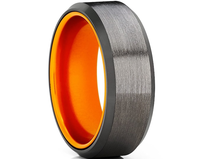Featured listing image: Orange Wedding Ring,Gunmetal Tungsten Ring,Anniversary Ring,Black Tungsten Ring,Orange Wedding Band,Tungsten Carbide Ring,Comfort Fit