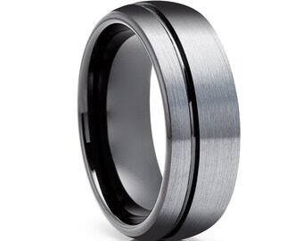 Anillo de bodas de tungsteno gris/Anillo de tungsteno negro/Anillo de carburo de tungsteno/Anillo de aniversario/Anillo de compromiso/8 mm y 6 mm/Anillo de bodas negro/Cepillado