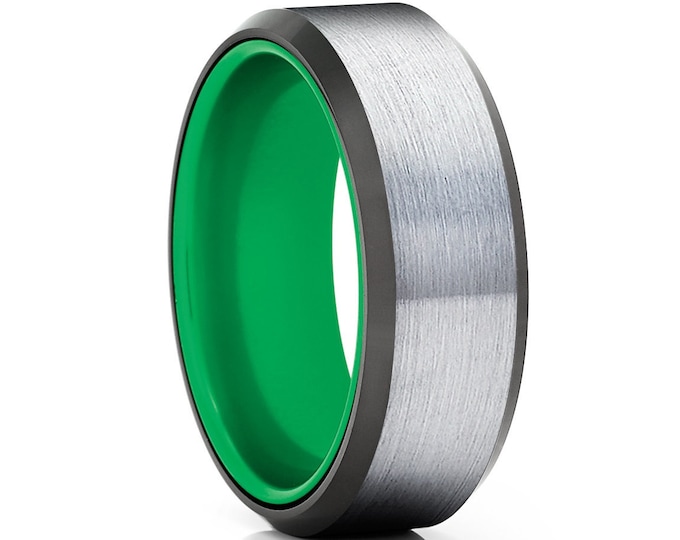 Featured listing image: Green Tungsten Wedding Ring|Green Wedding Ring|Black Tungsten Ring|Anniversary Ring|Black Wedding Band|Gray Brush Tungsten Ring|Comfort Fit