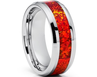 Opal Tungsten Wedding Ring|Silver Tungsten Ring|Tungsten Carbide Ring|Anniversary Ring|Red Orange Opal Ring|Silver Tungsten Ring|Engagement
