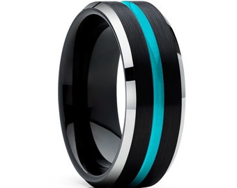 Turquoise Wedding Ring - Black Tungsten Wedding Ring -Unique Tungsten Wedding Ring - Tungsten Anniversary Ring - Engagement Ring - 8mm & 6mm