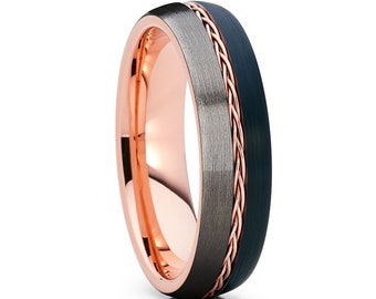 Rose Gold Tungsten Wedding Ring,Braid Tungsten Wedding Ring,6mm Black Tungsten Ring,Anniversary Ring,Engagement Ring,Unique Tungsten Ring