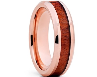 Koa Wood Tungsten Wedding Ring,Rose Gold Tungsten Ring,Anniversary Ring,6mm Wedding Ring,Men's Tungsten Ring,Unique Wedding Band,Comfort Fit