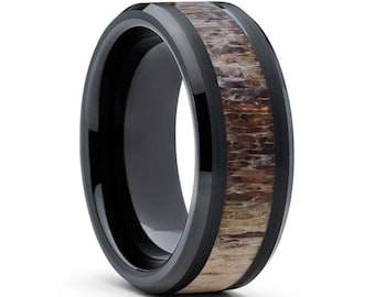 Anillo de bodas de tungsteno negro, anillo de bodas de asta de ciervo, anillo de bodas negro, anillo de carburo de tungsteno, anillo de aniversario, anillo de compromiso, ajuste cómodo