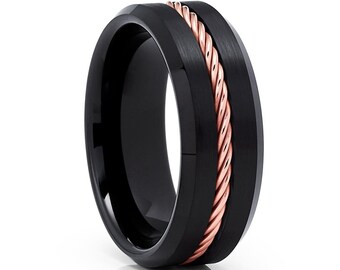 Rose Gold Tungsten Wedding Ring,Anniversary Ring,Engagement Ring,Men & Women,Braid Tungsten Ring,Black Wedding Ring,18k Rose Gold,Beveled