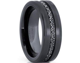 Zwarte wolfraam trouwring, zwarte zirkonia trouwring, wolfraamcarbide ring, unieke wolfraam trouwring, trouwring heren, 8 mm trouwring