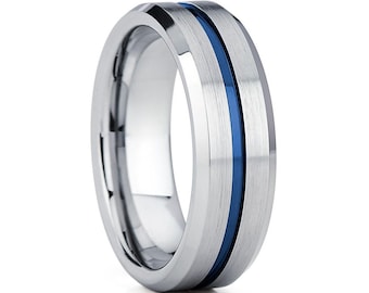 8mm Blue Tungsten Wedding Ring,Tungsten Wedding Band,Blue Wedding Ring,Anniversary Ring,Tungsten Carbide Ring,Men & Women,Silver Tungsten