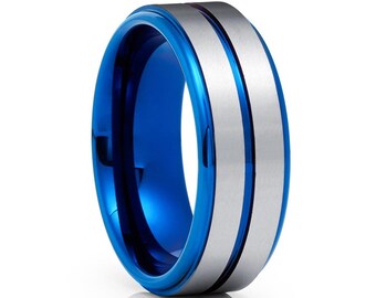 May include: A blue and silver tungsten carbide ring with a beveled edge and a brushed finish.