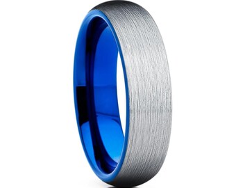 Tungsten Wedding Ring,Blue Tungsten Wedding Ring,Tungsten Carbide Ring,Men & Women,Dome Tungsten Ring,Silver Tungsten Wedding Ring