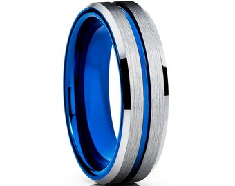 Blue Tungsten Wedding Ring,Silver Tungsten Wedding Ring,Blue Wedding Band,Tungsten Carbide Ring,Engagement Ring,Tungsten Carbide,Comfort Fit