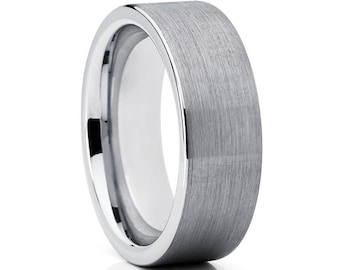 May include: A brushed silver tungsten carbide ring with a beveled edge.