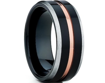 Tungsten Wedding Ring,Black Tungsten Wedding Band,Anniversary Ring,18k Rose Gold,Black Wedding Ring,Engagement Ring,Rose Gold Wedding Ring