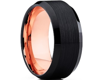 Black Wedding Ring,Rose Gold Tungsten Ring,Tungsten Carbide Ring,18k Rose Gold,Engagement Ring,Men's Tungsten Wedding Ring,Beveled Tungsten