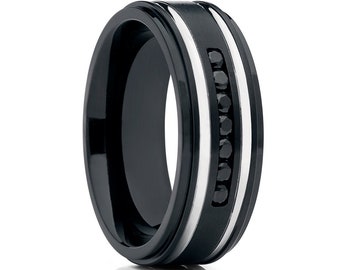 Black Wedding Ring,8mm Titanium Wedding Band,CZ Wedding Ring,Anniversary Ring,Engagement Ring,Tungsten Carbide Ring,Unique Wedding Band