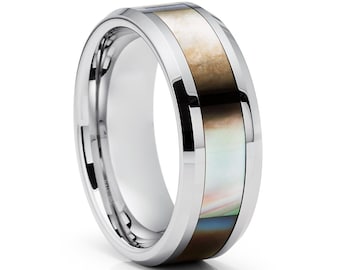 Mother Of Pearl Ring|Tungsten Wedding Ring|8mm Wedding Ring|Tungsten Carbide Ring|Men & Women|Unique Tungsten Ring|Anniversary Ring|Beveled