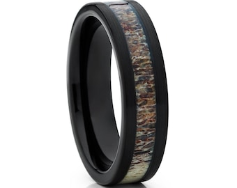 Anillo de bodas de asta de ciervo, anillo de tungsteno negro, alianza de asta de ciervo, anillo de aniversario, anillo de bodas de 6 mm, anillo de compromiso, para hombre y mujer.