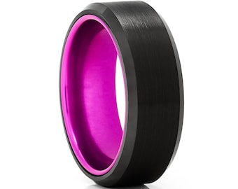 Anel de tungstênio roxo, aliança de casamento de tungstênio preta, anéis de casamento roxos, anel de carboneto de tungstênio preto, anel de aniversário, anel de noivado