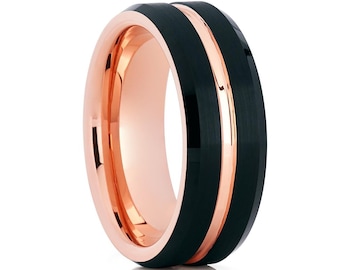 Black Tungsten Wedding Ring,Rose Gold Ring,Anniversary Ring,Tungsten Carbide Ring,Unique Black Ring,18k Rose Gold,Tungsten Men's Ring,Unisex