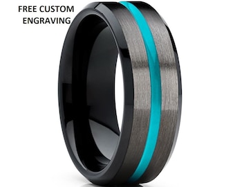 Men&#39;s Gunmetal Ring,Women&#39;s Gunmetal Band,Turquoise Tungsten Wedding Ring,Anniversary Ring,Engagement Ring,Tungsten Carbide Ring,Comfort Fit