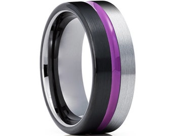 Aliança de casamento roxa - Aliança de casamento em tungstênio preto - 8 mm e 6 mm - Anel de tungstênio preto - Anel de aniversário - Anel de noivado - Carboneto de tungstênio