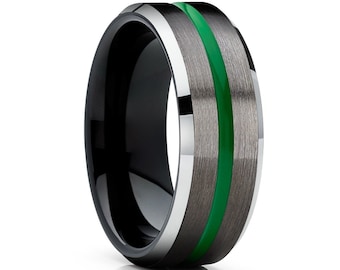 Green Tungsten Wedding Ring,Gunmetal Tungsten Wedding Band,Black Tungsten Ring,Green Wedding Ring,Men & Women,Black Tungsten Wedding Ring