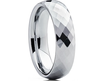 Tungsten Wedding Ring,Faceted Tungsten Ring,Silver Unique Ring,Tungsten Carbide Ring,Anniversary Ring,Men & Women,8mm Wedding Ring,6mm Ring