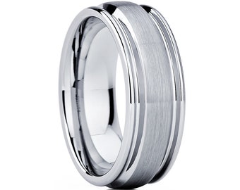 May include: A silver-toned tungsten carbide ring with a brushed finish and two polished grooves.