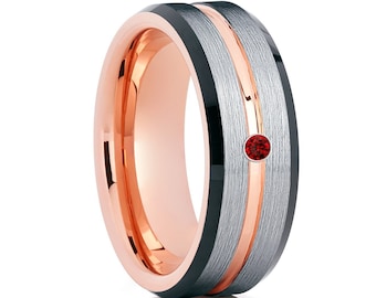 Black Wedding Ring,Rose Gold Tungsten Wedding Band,Tungsten Carbide Ring,Anniversary Ring,Men & Women,Tungsten Wedding Ring,Ruby Ring