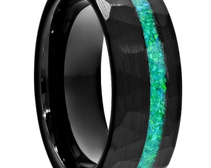Featured listing image: Opal Wedding Ring,Tungsten Carbide,Galaxy Opal Wedding Ring,Engagement,Tungsten Carbide Ring,Dome Wedding Band,Man's Wedding Ring,Hammered