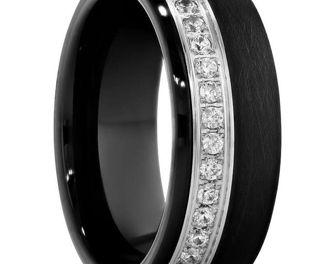 Featured listing image: Man's Black Wedding Ring,Tungsten Carbide Ring,Engagement,Anniversary Ring,Dome Tungsten Ring,Unique Tungsten Ring,8mm Wedding Band,CZ Ring