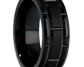 Black Wedding Band,Man's Wedding Ring,Anniversary Band,Tungsten Carbide,Engagement Ring,Comfort Fit,Beveled Edges,Unique Wedding Band,Brush
