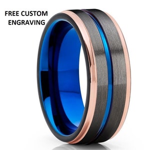 Blue Rose Gold Tungsten Ring,Black Tungsten Wedding Bands,Rose Gold Tungsten Wedding Ring,Anniversary Ring,Tungsten Carbide Ring,18k Rose