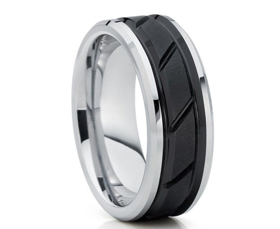 8mm Men's Black Silver Tungsten Wedding Band - Brushed Matte, Grooved Center, Cobalt Free