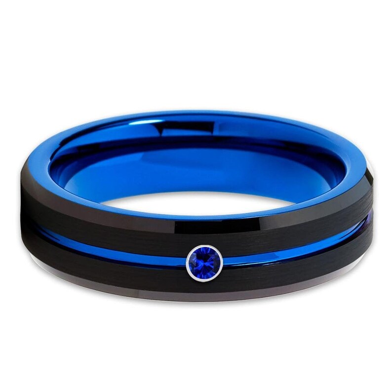 Blue Tungsten Wedding Ring,Blue Sapphire Ring,Anniversary Ring,Black Wedding Ring,Tungsten Carbide Ring,Black Wedding Ring,Anniversary Ring