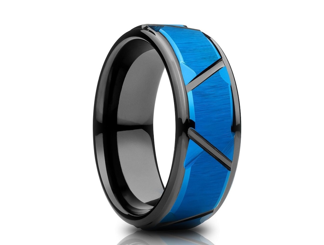 Blue Tungsten Wedding Ring,diamond Cut Tungsten Ring,engagement Ring