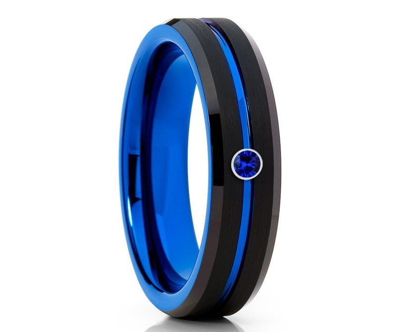 Blue Tungsten Wedding Ring,Blue Sapphire Ring,Anniversary Ring,Black Wedding Ring,Tungsten Carbide Ring,Black Wedding Ring,Anniversary Ring