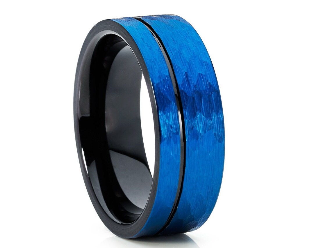 Men's Wedding Band,blue Wedding Ring,black Tungsten Wedding Ring