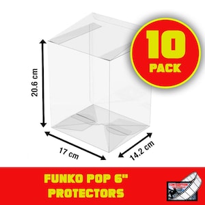 May include: A pack of 10 clear plastic protectors for Funko Pop 6" figures. The protectors are 17 cm wide, 14.2 cm deep, and 20.6 cm tall.