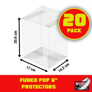 May include: A clear plastic Funko Pop protector box, 20-pack, with dimensions of 17 cm wide, 14.2 cm deep, and 20.6 cm tall. The box has the text "FUNKO POP 6" PROTECTORS" and a red and yellow circle with the text "20 PACK".