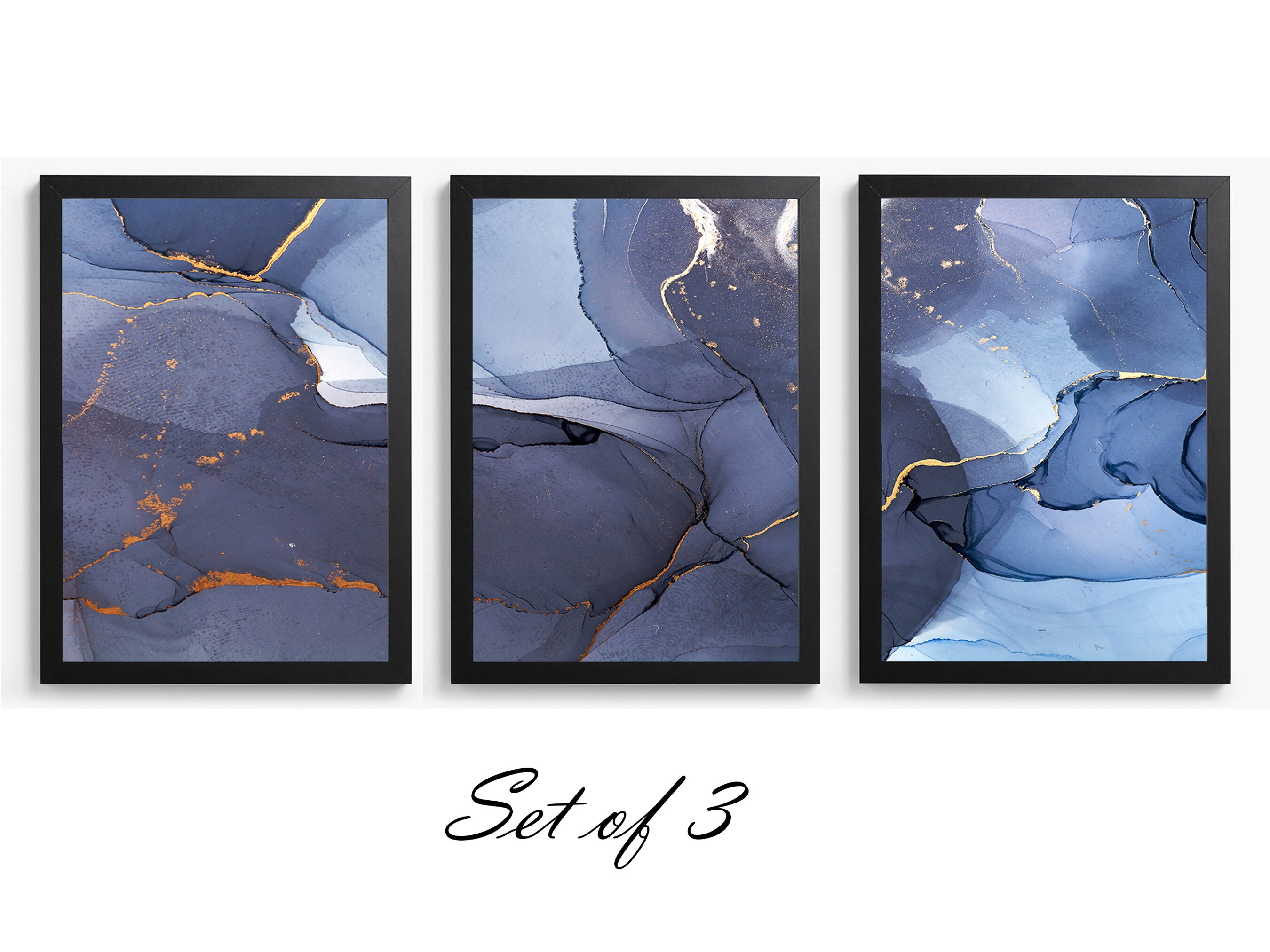 Set of 3 A Blue and Gold Marble Abstract Art Framed Prints | Etsy