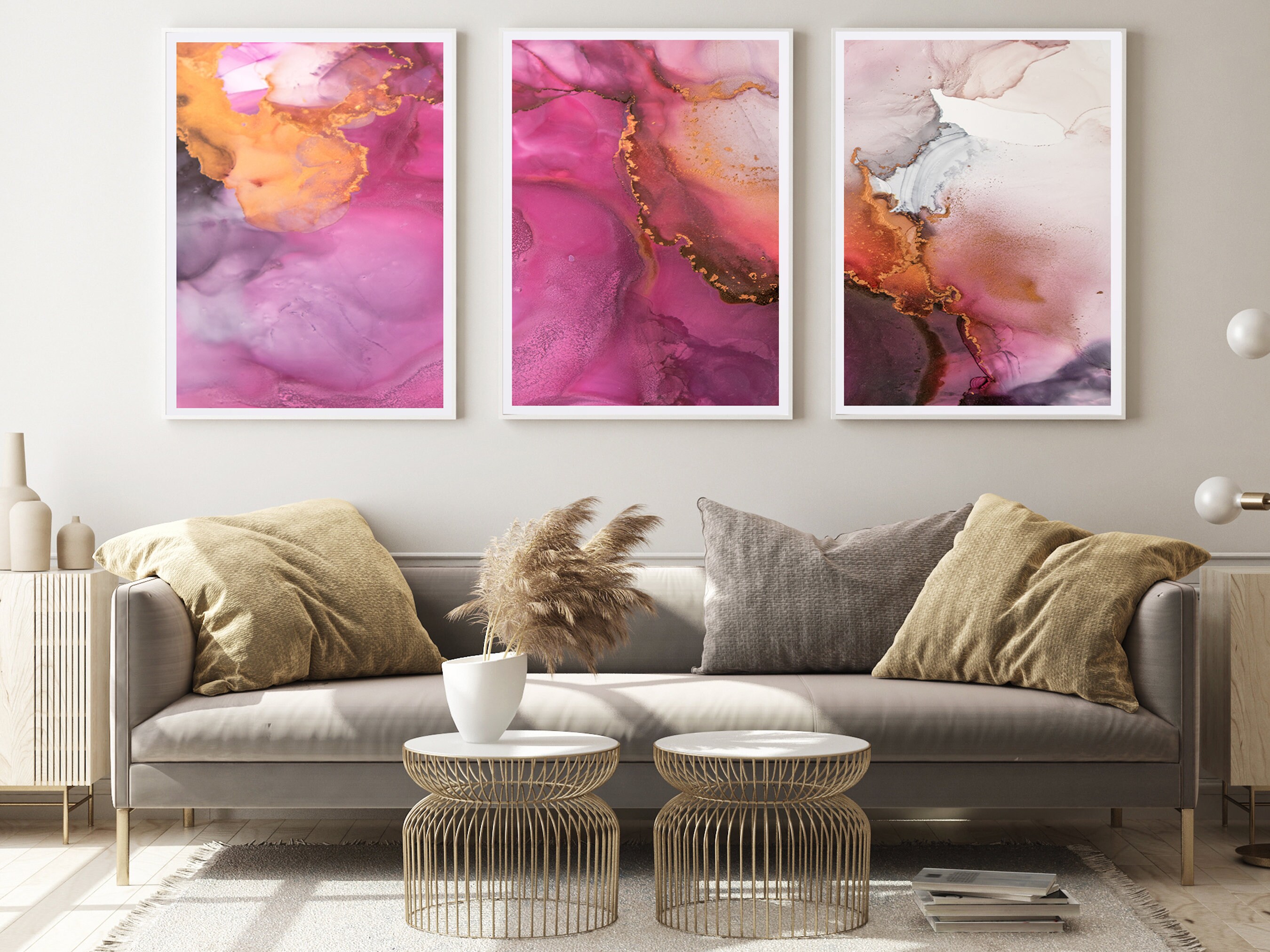 Set of 3 Pink Smoke Marble Pattern Framed Prints or Art | Etsy