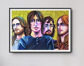 Pink Floyd Poster from Oil Pastel Drawing- Rock Band Wall Art, Impressionist Music Portrait- David Gilmour, Roger Waters Celebrity Pop Art