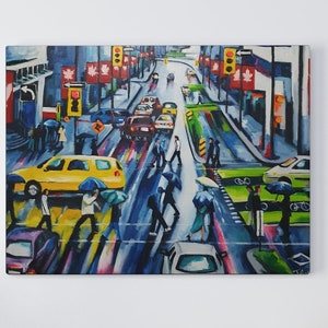 Vancouver Canada Oil Painting on Canvas - Street View Landscape Wall Art, Home Decoration City Artwork, People Walking in the Rain Scene