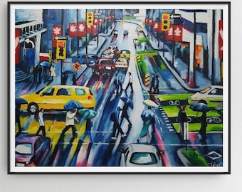 Vancouver Rainy Day Print from Oil Painting - Street Landscape, Canada Wall Art, Home Decor Travel Poster, Rain Scene, Canadian Art
