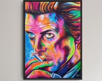 David Bowie Art Print-  Rock Original Painting, Psychedelic and Fluorescent artwork. Available in different sizes. Room, college dorm decor